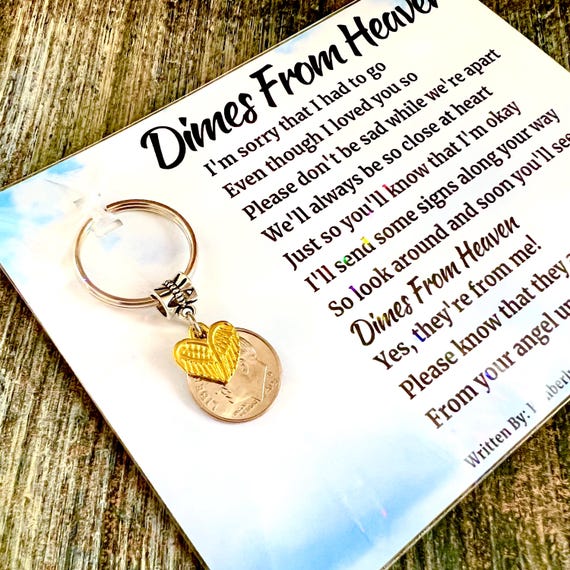 Dimes From Heaven Poem By Kimberly Plunkett - Keychain Gift - Loss, Sympathy, Heaven, Angels - Angel Wings Shaped As Heart Charm