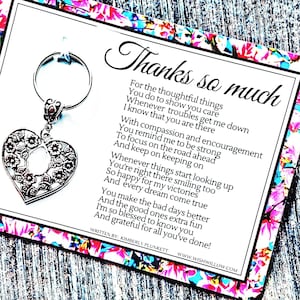 Thank You Gift - READY TO SHIP - Keychain With Poem - Thanks So Much - Heart With Flowers & Butterflies - Thoughtful, Meaningful, Grateful