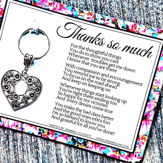 Thank You Gift - READY TO SHIP - Keychain With Poem - Thanks So Much - Heart With Flowers & Butterflies - Thoughtful, Meaningful, Grateful