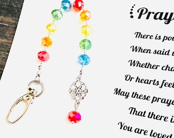 Prayer Beads Gift & Poem - Faith, Hope, Love, Pray, Encourage, Support - Rainbow, Multi Colored, Shimmer Glass - Floral Filigree Accent