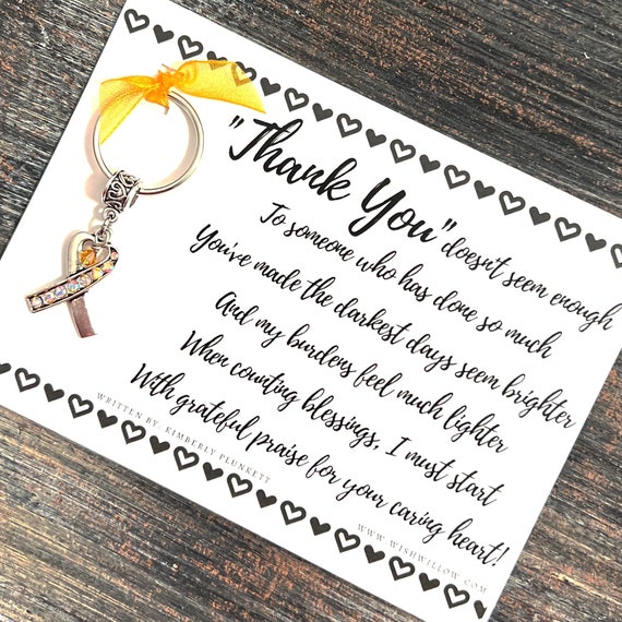 Thank You Gift - Hope, Cancer, Awareness, GOLD -  Nurse, Caregiver, Friend, Healthcare, Support - Poem & Rhinestone Heart Ribbon Keychain
