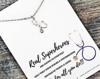 Thank You Gift - Nurse, Doctor, Healthcare, Medical, Hospital - Real Heroes Wear Scrubs Poem By K. Plunkett - Necklace -  Stethoscope Heart