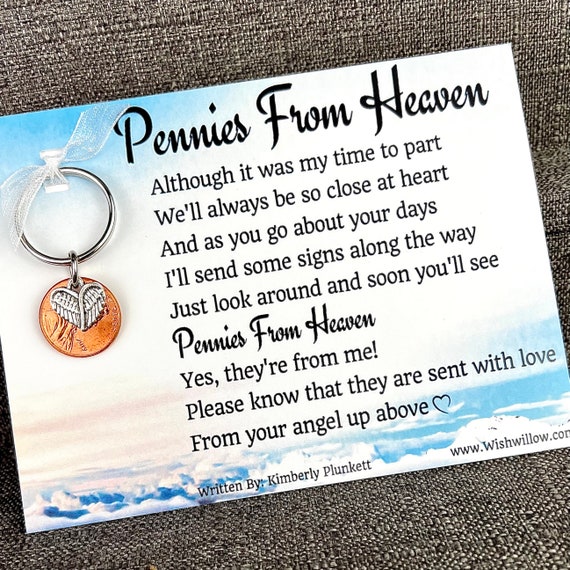 Comforting Gift - Pennies From Heaven Keychain - Message From Heaven, Signs From Above, Guardian Angel - (Angel Wings Shaped As Heart Charm)