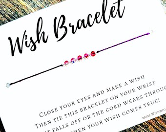 Wish Bracelet - Birthday, Good Luck, Thank You, Friendship, Graduation - Shiny Silver Coated Bright Pink Glass Beads & Vineyard Purple Cord