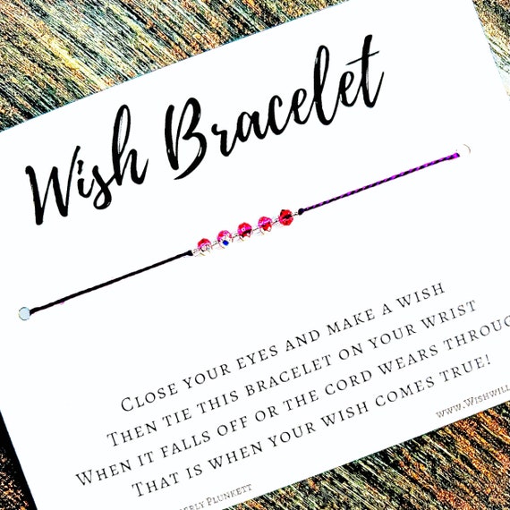 Wish Bracelet - Birthday, Good Luck, Thank You, Friendship, Graduation - Shiny Silver Coated Bright Pink Glass Beads & Vineyard Purple Cord