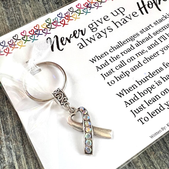 Never Give Up, Always Have Hope Poem By Kimberly Plunkett - Cancer Patient, Survivor - Rhinestone Heart Hope Ribbon Keychain