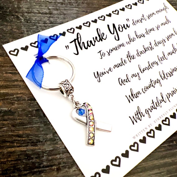 Thank You Gift - Hope, Cancer, Awareness, BLUE - For Nurse, Caregiver, Friend, Healthcare, Support - Poem & Rhinestone Heart Ribbon Keychain