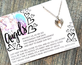 Angels Protect Us  - Guardian Angel Bell Necklace  Silver Bell & Angel Wings - Carded With Original Poem By Kimberly Plunkett