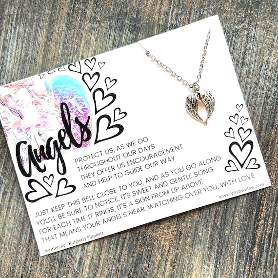 Angels Protect Us  - Guardian Angel Bell Necklace  Silver Bell & Angel Wings - Carded With Original Poem By Kimberly Plunkett