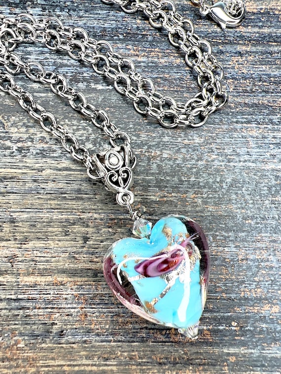 Unique Lampwork Pendant - Adjustable Length Necklace - (Aqua Blue With Silver & Pink Floral Swirls)