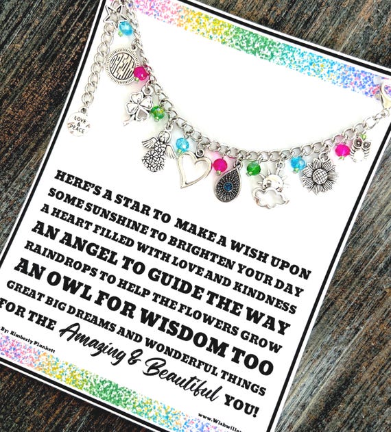 Inspirational Charm Bracelet Gift - Star, Sun, Heart, Angel, Rain, Flower, Owl, Dream Big, Peace, Love - Adjustable Length