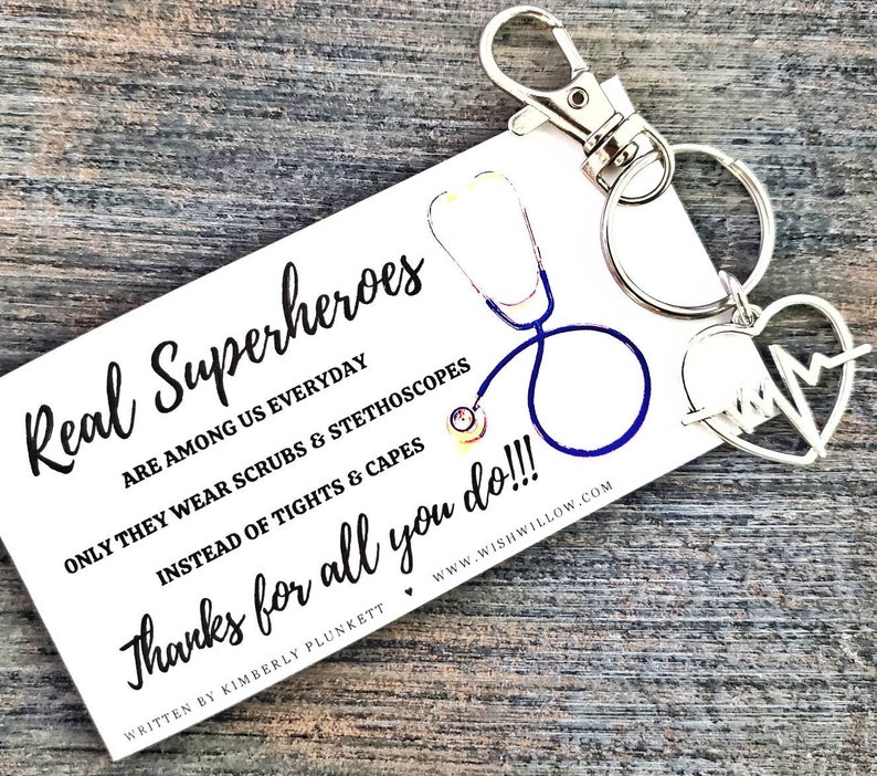 Thank You Gift Nurse, Doctor, Healthcare, Medical Real Heroes Wear Scrubs Poem By K. Plunkett Keychain With Heartbeat Charm image 6