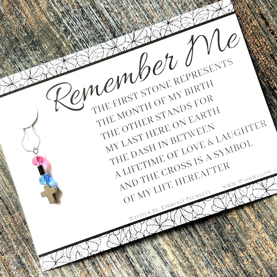 ORIGINAL Remember Me Poem & Mini Charm (On Safety Pin) - Discontinued Dash Version With Glass Beads - Memorial Gift - Hematite Dash / Cross