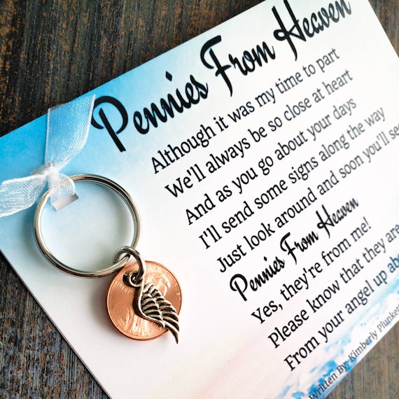 Sympathy Gift - Pennies From Heaven Keychain - Angel Wing Charm - Poem By Kimberly Plunkett