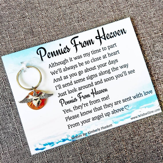Pennies From Heaven Keychain -  Sympathy Gift, Loss Of Loved One, Guardian Angel, Comfort, Grief, Memorial - (LARGE Heart With Wings Charm)