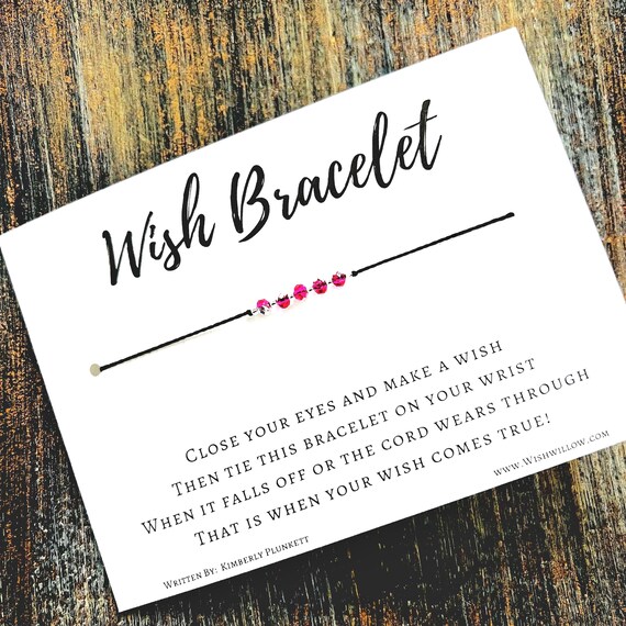 Wish Bracelet - Birthday, Graduation, Friendship, Thank You, Dreams, Wishes - Shiny Silver Coated Bright Pink Glass Beads & Black Cord