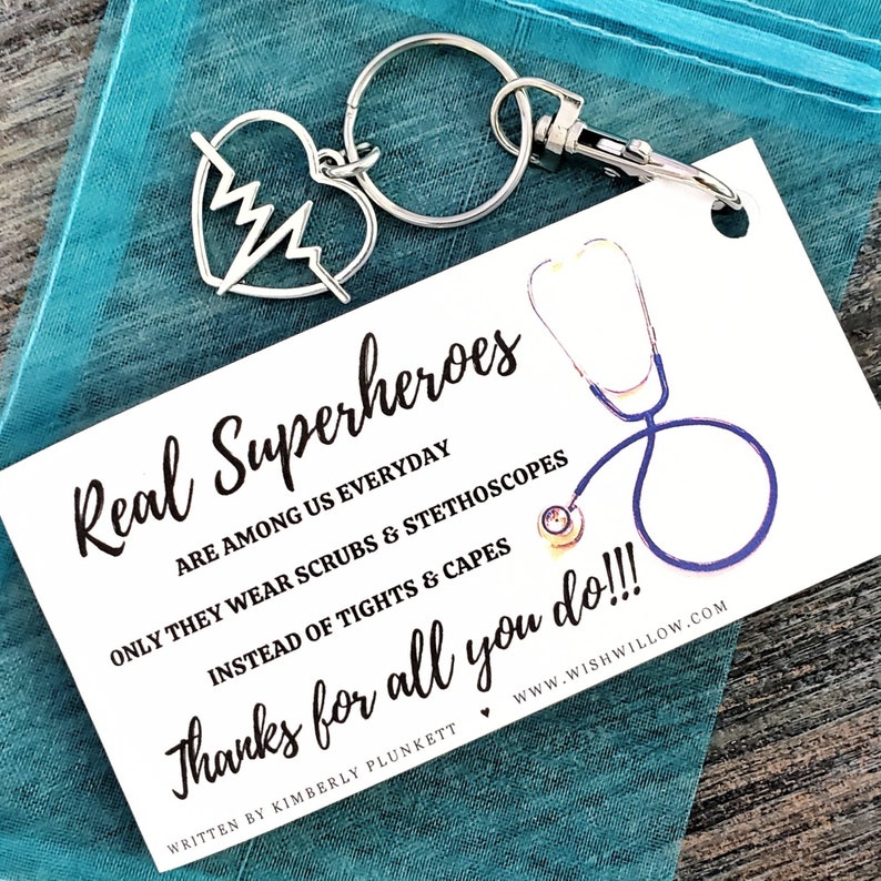 Thank You Gift Nurse, Doctor, Healthcare, Medical Real Heroes Wear Scrubs Poem By K. Plunkett Keychain With Heartbeat Charm image 3