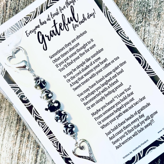 Gratitude Beads - Poem By Kimberly Plunkett - Glimmers, Blessings, Grateful, Blessed, Mindfulness - Glass Beads & Cute Charm On Lobster Clip