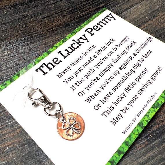 The ORIGINAL Lucky Penny Poem & Gift - Luck, Support, Cheer, Encouragement, Graduation - Clip With 4 Leaf Clover (4 Open Hearts)