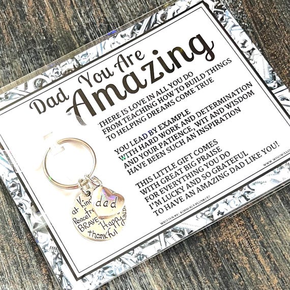 Dad, You Are Amazing! - Keychain Gift - Poem By Kimberly Plunkett - Dad Heart Charm & Circle With Words (Brave, Strong, Happy)