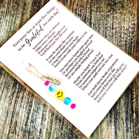The ORIGINAL Mini Gratitude Beads - Inspirational Gift - Blessings, Grateful, Thankful - (Bright Pink & Blue, Smiley Face - Beautiful Charm)