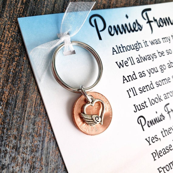Comforting Gift - Pennies From Heaven Keychain - Message From Heaven, Signs From Above, Guardian Angel - (Open Heart With Angel Wing Charm)