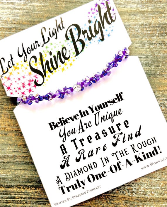 Let Your Light Shine Bright - Inspirational Gift - Hand Knotted Bracelet - (Purple Cord With Purple, Lilac, Lavender Shimmer  Glass Beads)