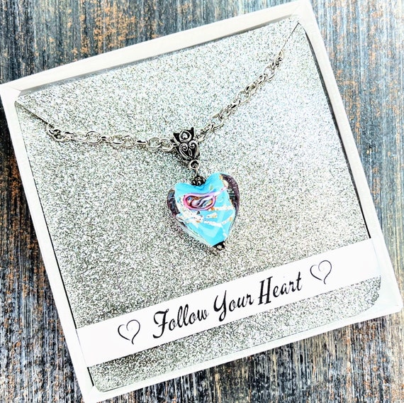 Follow Your Heart - Unique Lampwork Pendant - Adjustable Length Necklace - (Aqua Blue With Silver & Pink Floral Swirls)