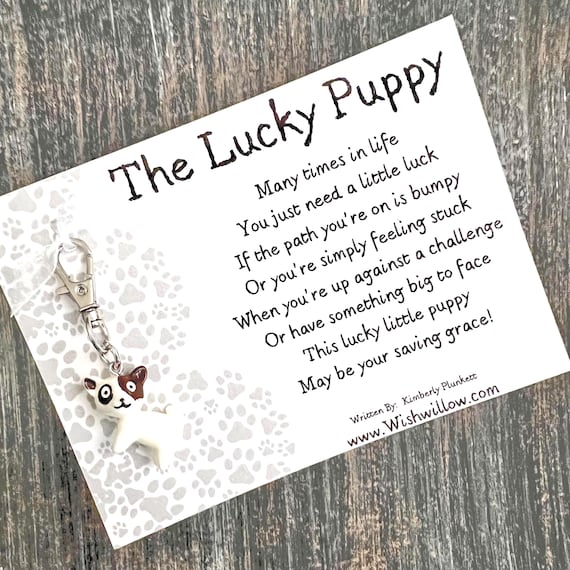 The ORIGINAL Lucky Puppy Poem & Gift - Good Luck Charm With Poem By K Plunkett - Gift, Cute, Fun, Uplifting, Silly, Joyful (Brown Spot Pup)