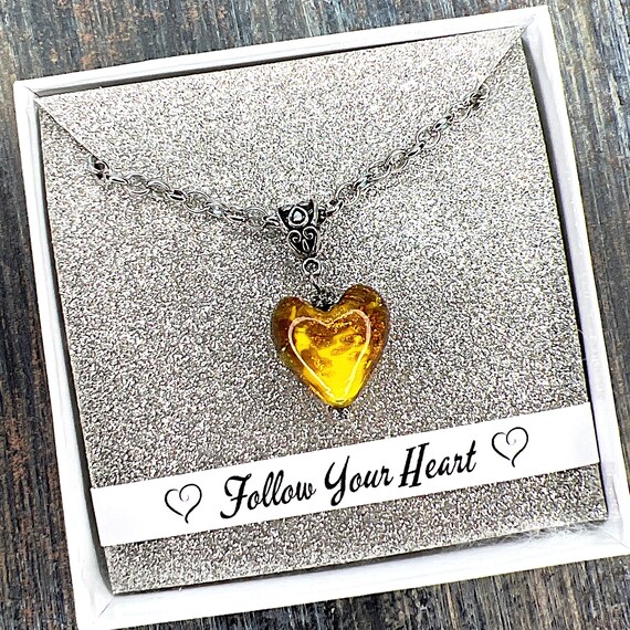 Follow Your Heart - Unique Lampwork Pendant - Adjustable Length Necklace - (Bright Yellow With Metallic Copper Speckles)