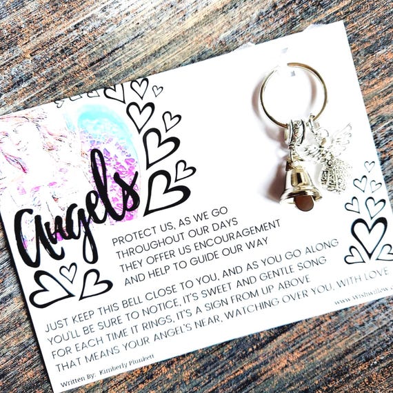 Angels Protect Us - Guardian Angel Bell Keychain - Original Poem By K Plunkett - Filigree Angel Charm With Liberty Bell