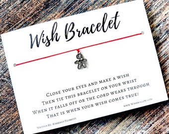 Wish Bracelet - Holiday Gift, Stocking Stuffer, Gift Exchange,   Christmas, Luck, Friendship - (Gingerbread Man Charm)