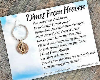 Dimes From Heaven Poem By K. Plunkett - Keychain Gift - Loss, Loved One, Signs From Heaven, Remembering, Angels - Golden Angel Wing Charm