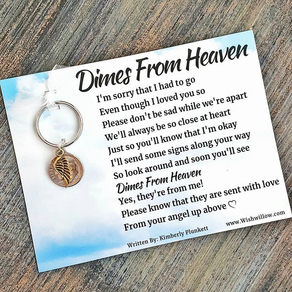Dimes From Heaven Poem By K. Plunkett - Keychain Gift - Loss, Loved One, Signs From Heaven, Remembering, Angels - Golden Angel Wing Charm