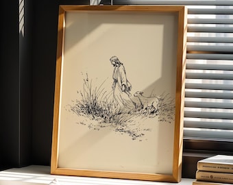 Jesus walking with lamb line art print | minimalist Christian wall art | good shepherd drawing