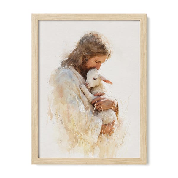 Jesus Holding Lamb Watercolor Print, Christian Wall Art, Good Shepherd Painting