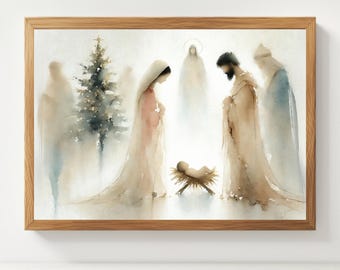 Puede incluir: Una pintura de acuarela que representa la escena de la Natividad. La pintura presenta a un bebé Jesús en un pesebre, María, José y una estrella arriba. La pintura está hecha en colores suaves y apagados y tiene una sensación de ensueño y etérea.