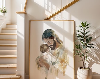 Jesus Holding Child Watercolor Art Print | Christian Nursery Decor