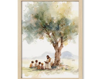 Jesus Teaching Children Watercolor Print, Christian Wall Art, Bible Nursery Decor