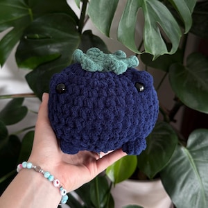 May include: A round, dark blue crocheted plush toy shaped like a berry. It features a textured, bumpy surface, two small black plastic eyes on the front, and a ruffled, light green crocheted stem attached to the top center of the round body.