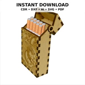 Puede incluir: Un estuche de cigarrillos de madera con un diseño grabado y una tapa con bisagras. El estuche está abierto, revelando cigarrillos. El texto "INSTANT DOWNLOAD" y las abreviaturas de tipo de archivo están en la parte superior.