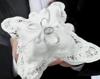 Ring bearer pillow Linen Battenberg lace Wedding Ring Bearer Pillow Ring holder bridal keepsake Ring Bearer Cushion wedding decor