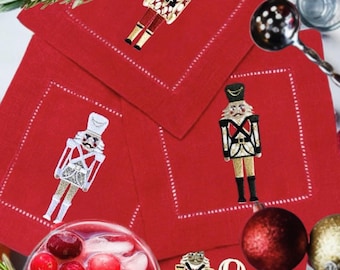 Christmas embroidered cocktail Napkins Linen hemstitched Monogram mistletoe holiday cocktail Napkins brodées Aperitivo hostess gift coasters