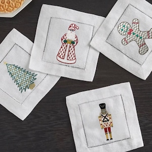 Christmas hemstitched embroidered Cocktail Napkins linen Cocktail Napkins mistletoe brodées Serviette en lin Aperitivo coasters