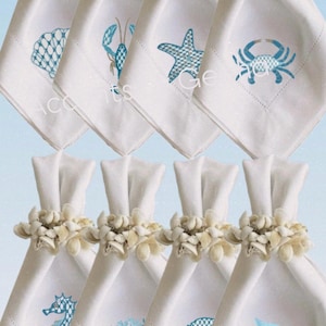Nautical Embroidered Linen Napkins Coastal Dinner napkin Summer Seaside theme shells napkins Serviettes de vaisselle