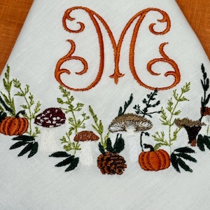 Fall personalized linen napkin|Linen napkin mushroom pumpkin embroidered monogram|Autumn Dinner Napkins|Thanksgiving Napkins holiday fall