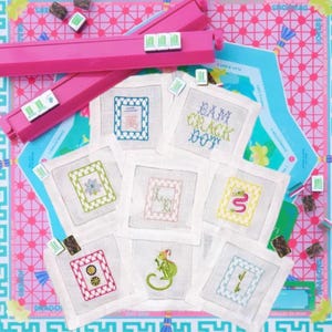 Mahjong tiles embroidered Cocktail Napkins Hand towels personalized Coasters host gift brodées Serviette en lin Aperitivo coasters image 3