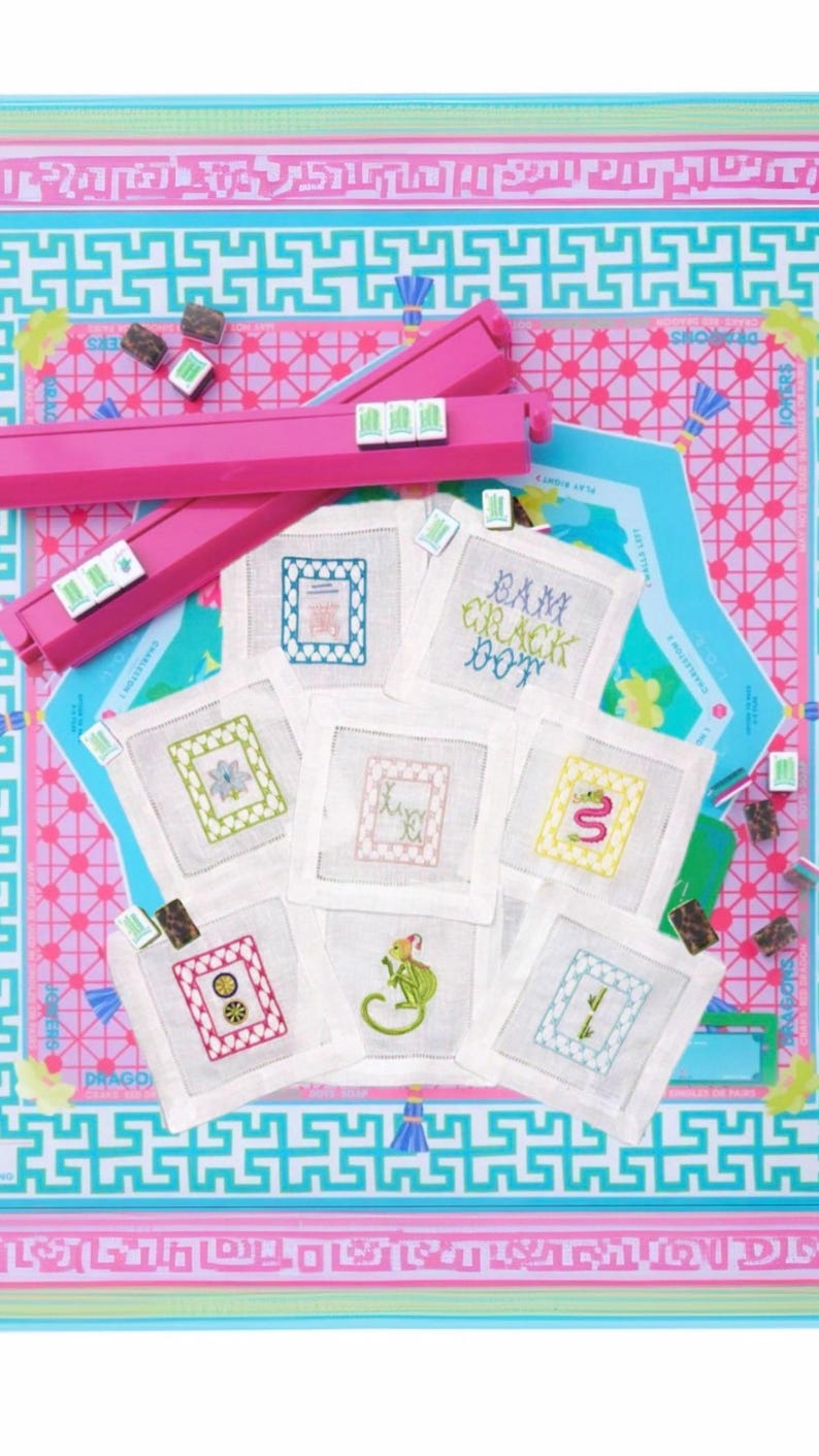 Mahjong tiles embroidered Cocktail Napkins Hand towels personalized Coasters host gift brodées Serviette en lin Aperitivo coasters image 3