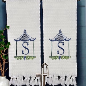 Monogrammed Pagoda Temple Towel Embroidered Chinoiserie Pagoda linen Hand Kitchen towel Personalized decor guest towels Asian embroidery