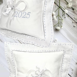 Ring bearer pillow personalized linen hemstitched Swiss dots ring cushion embroidered Monogrammed initials Custom ring bearer linen pillow